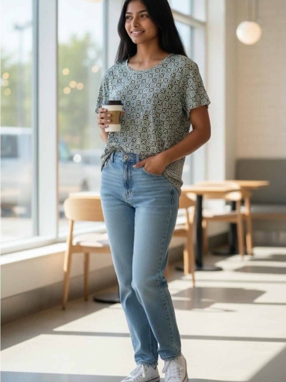J Jill Love Linen Geometric Print Short Sleeve Top Womens M Petite